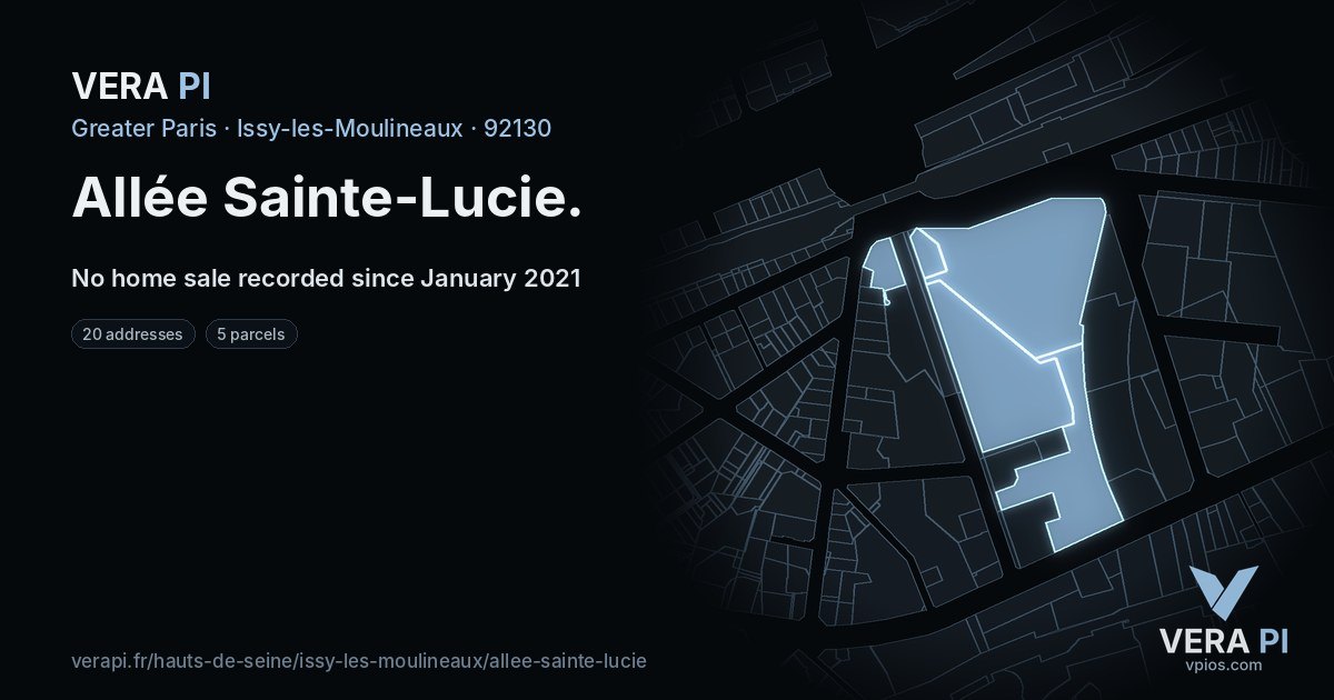 Allée Sainte-Lucie, Issy-les-Moulineaux at night – every parcel coloured by the prices around it, the street's own parcels lit
