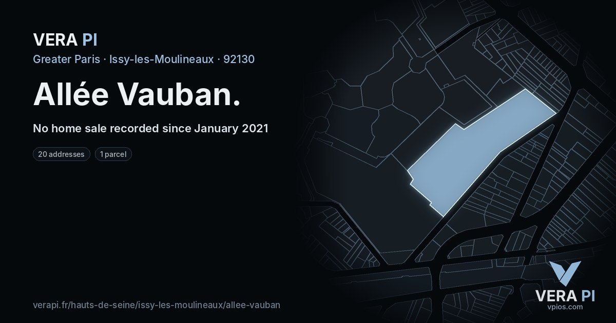 Allée Vauban, Issy-les-Moulineaux at night – every parcel coloured by the prices around it, the street's own parcels lit