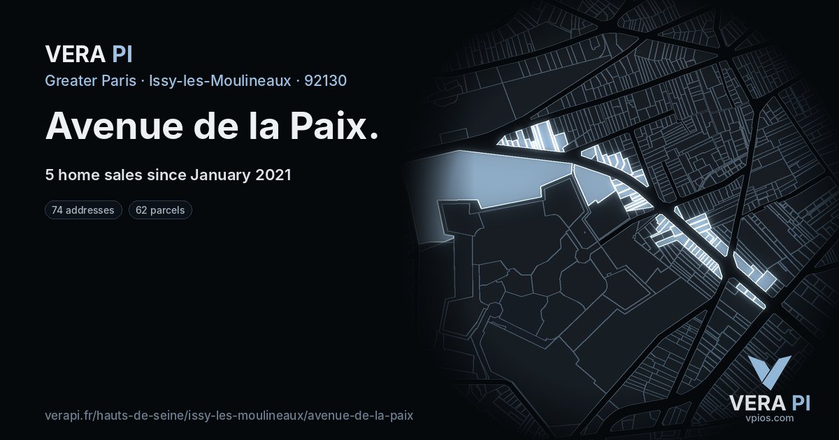 Avenue de la Paix, Issy-les-Moulineaux at night – every parcel coloured by the prices around it, the street's own parcels lit