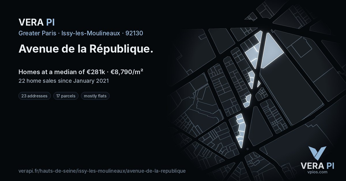 Avenue de la République, Issy-les-Moulineaux at night – every parcel coloured by the prices around it, the street's own parcels lit
