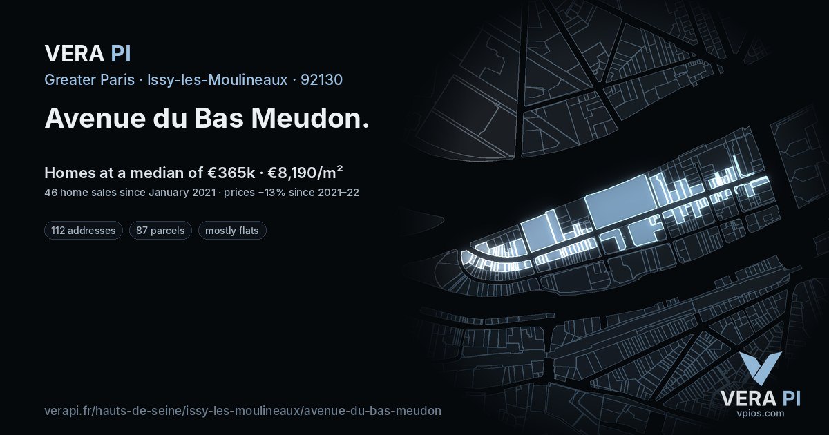 Avenue du Bas Meudon, Issy-les-Moulineaux at night – every parcel coloured by the prices around it, the street's own parcels lit