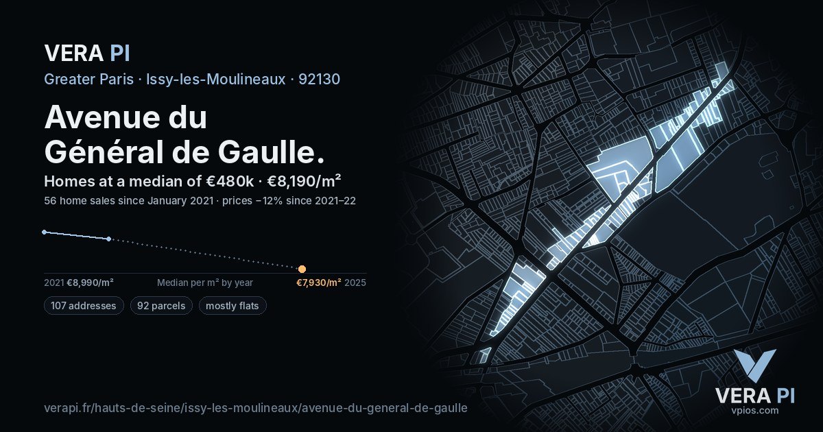 Avenue du Général de Gaulle, Issy-les-Moulineaux at night – every parcel coloured by the prices around it, the street's own parcels lit
