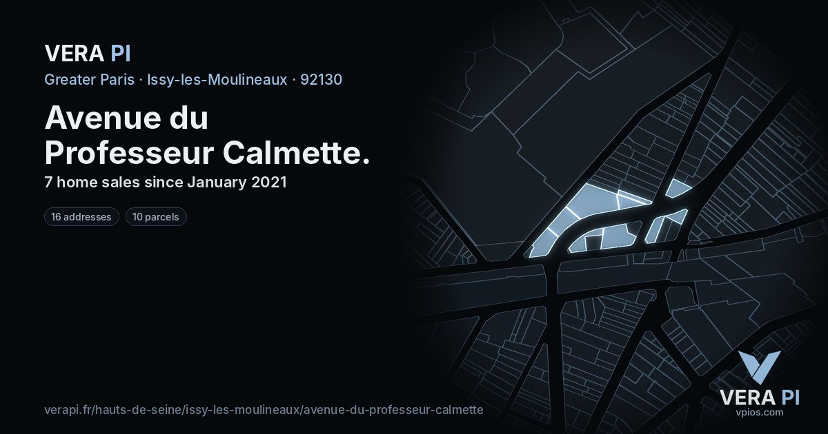 Avenue du Professeur Calmette, Issy-les-Moulineaux at night – every parcel coloured by the prices around it, the street's own parcels lit