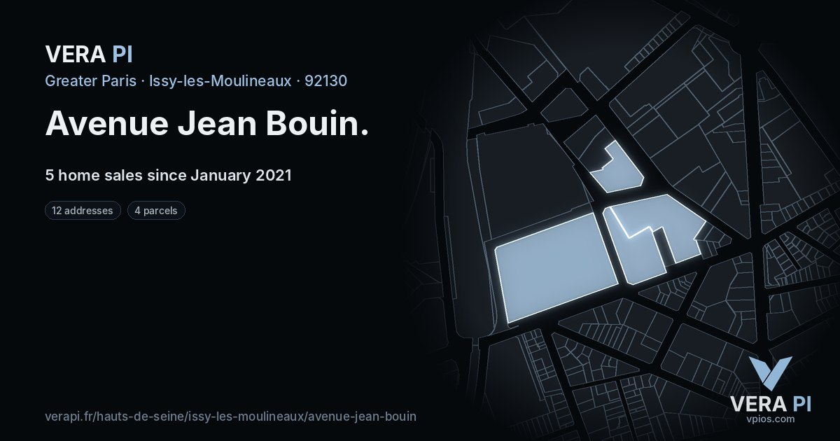 Avenue Jean Bouin, Issy-les-Moulineaux at night – every parcel coloured by the prices around it, the street's own parcels lit