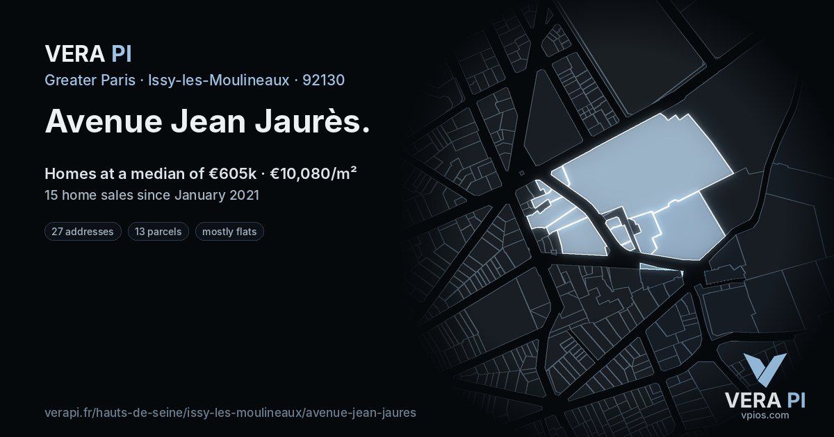 Avenue Jean Jaurès, Issy-les-Moulineaux at night – every parcel coloured by the prices around it, the street's own parcels lit