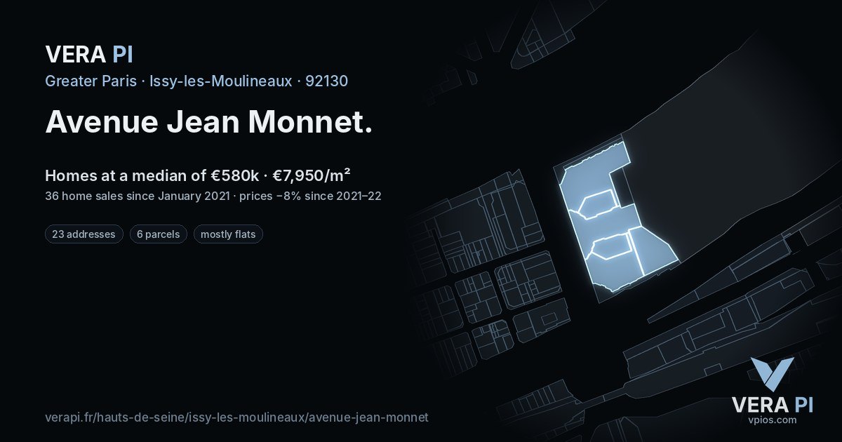 Avenue Jean Monnet, Issy-les-Moulineaux at night – every parcel coloured by the prices around it, the street's own parcels lit
