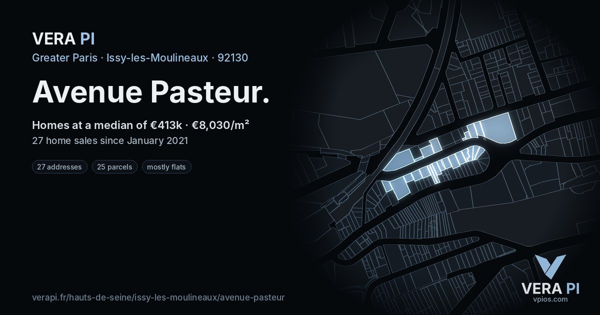 Avenue Pasteur, Issy-les-Moulineaux at night – every parcel coloured by the prices around it, the street's own parcels lit