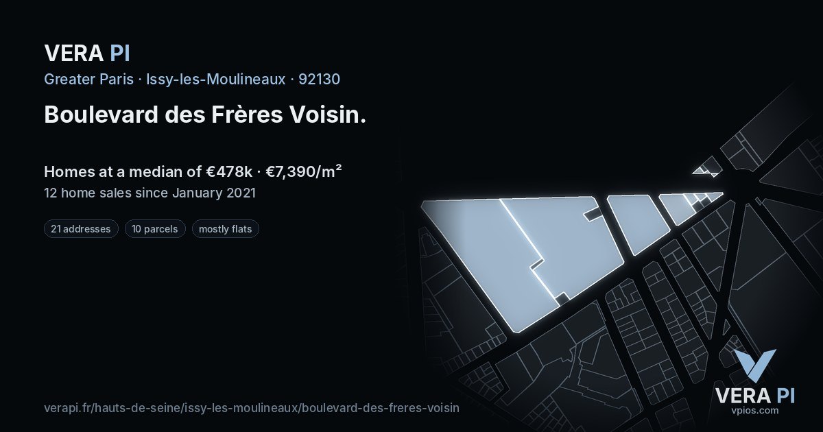 Boulevard des Frères Voisin, Issy-les-Moulineaux at night – every parcel coloured by the prices around it, the street's own parcels lit
