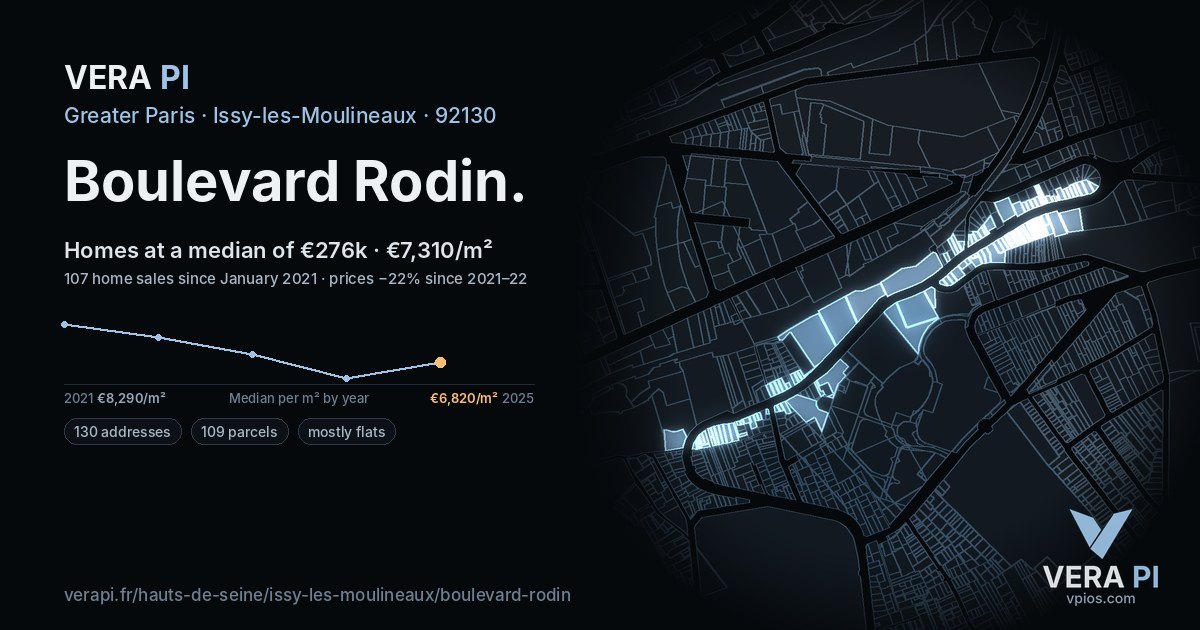 Boulevard Rodin, Issy-les-Moulineaux at night – every parcel coloured by the prices around it, the street's own parcels lit