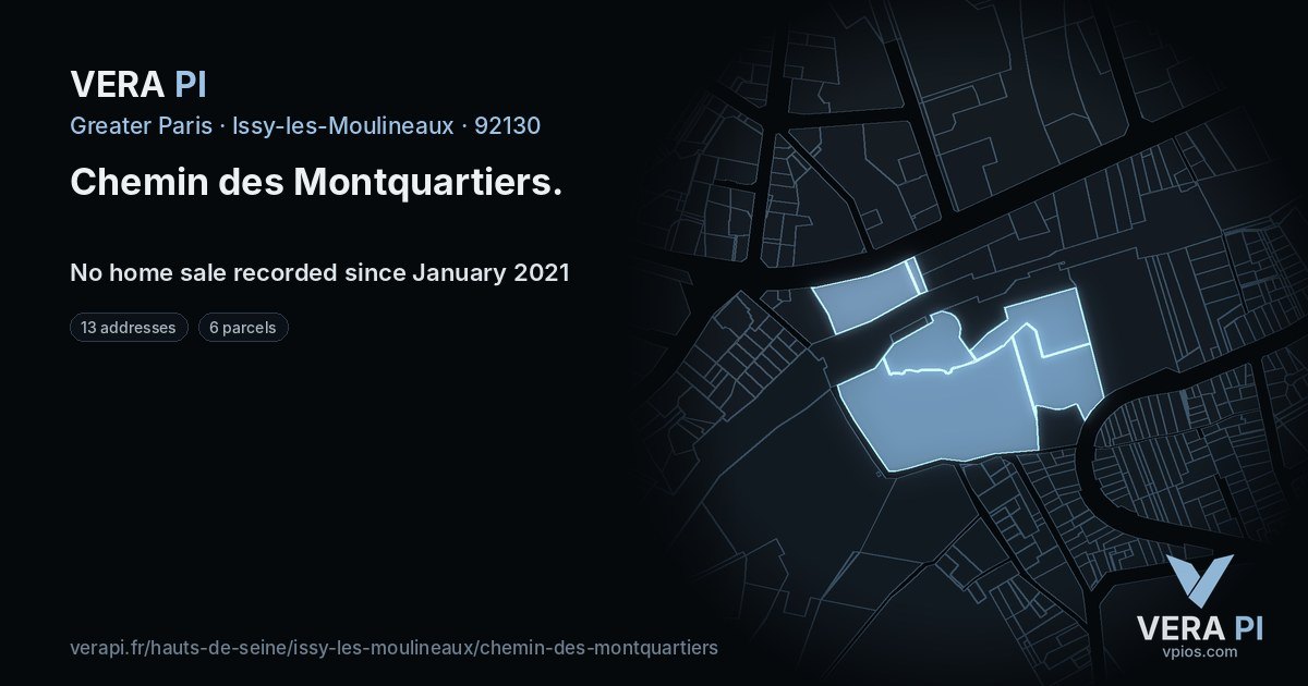 Chemin des Montquartiers, Issy-les-Moulineaux at night – every parcel coloured by the prices around it, the street's own parcels lit