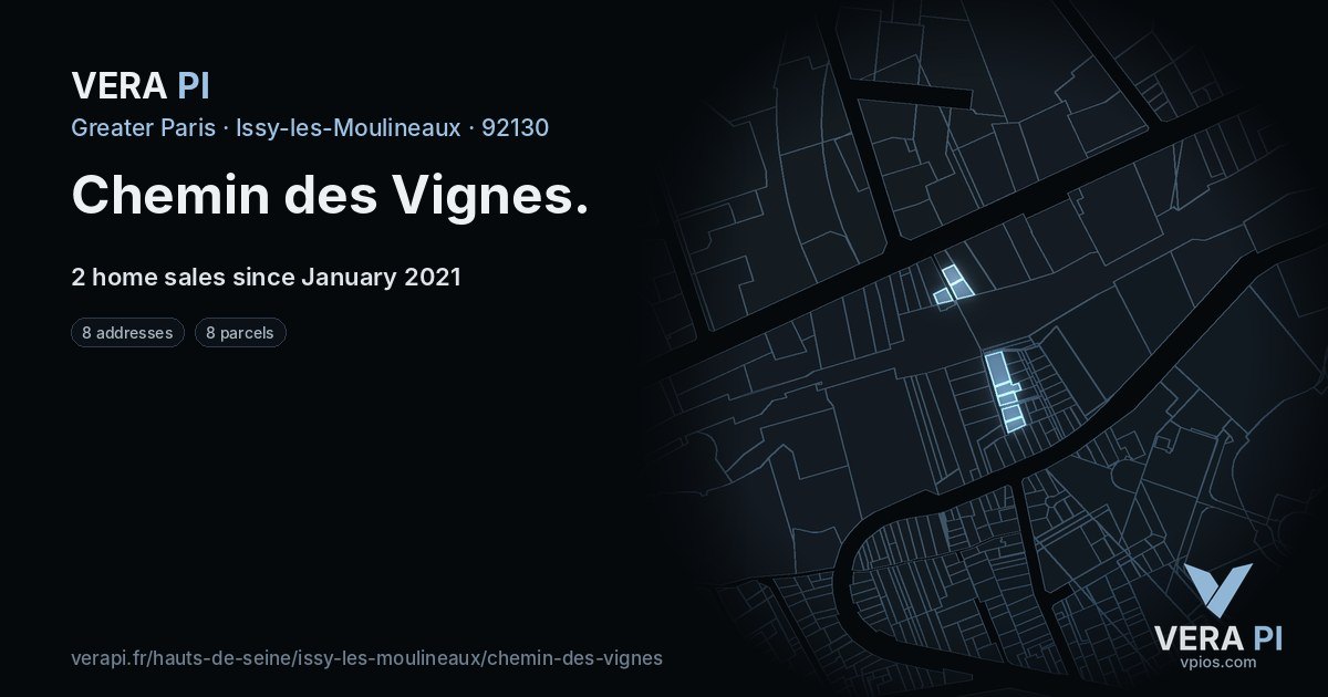 Chemin des Vignes, Issy-les-Moulineaux at night – every parcel coloured by the prices around it, the street's own parcels lit