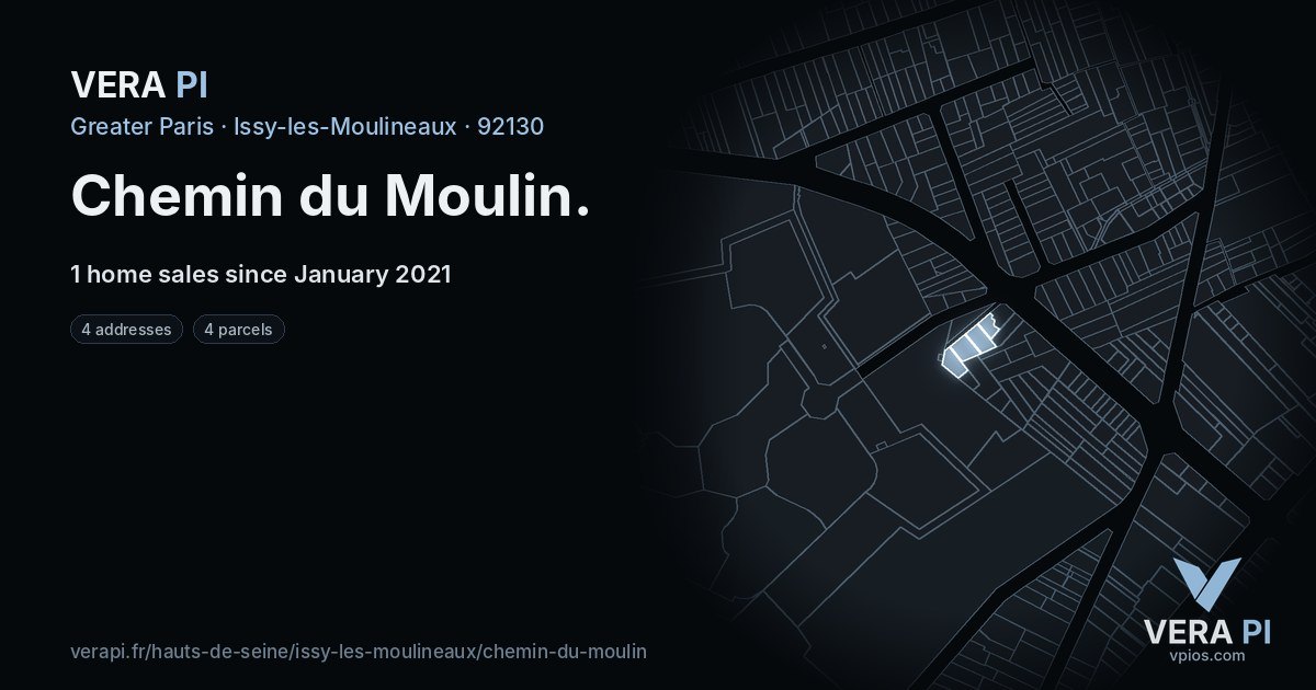 Chemin du Moulin, Issy-les-Moulineaux at night – every parcel coloured by the prices around it, the street's own parcels lit