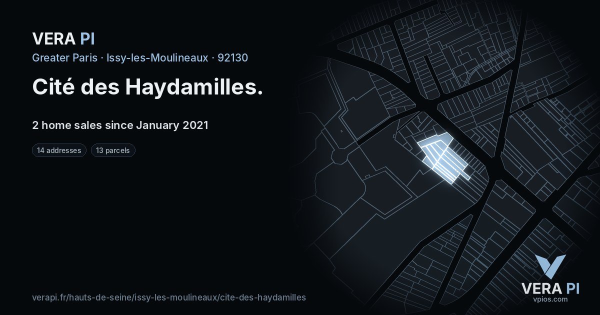 Cité des Haydamilles, Issy-les-Moulineaux at night – every parcel coloured by the prices around it, the street's own parcels lit