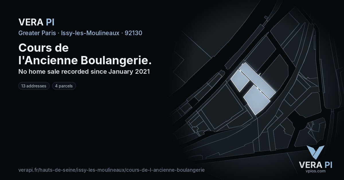 Cours de l'Ancienne Boulangerie, Issy-les-Moulineaux at night – every parcel coloured by the prices around it, the street's own parcels lit