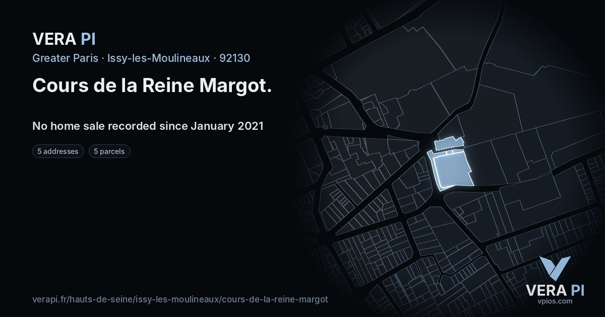 Cours de la Reine Margot, Issy-les-Moulineaux at night – every parcel coloured by the prices around it, the street's own parcels lit