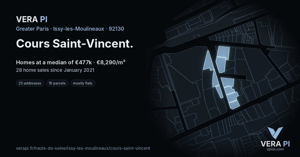 Cours Saint-Vincent, Issy-les-Moulineaux at night – every parcel coloured by the prices around it, the street's own parcels lit