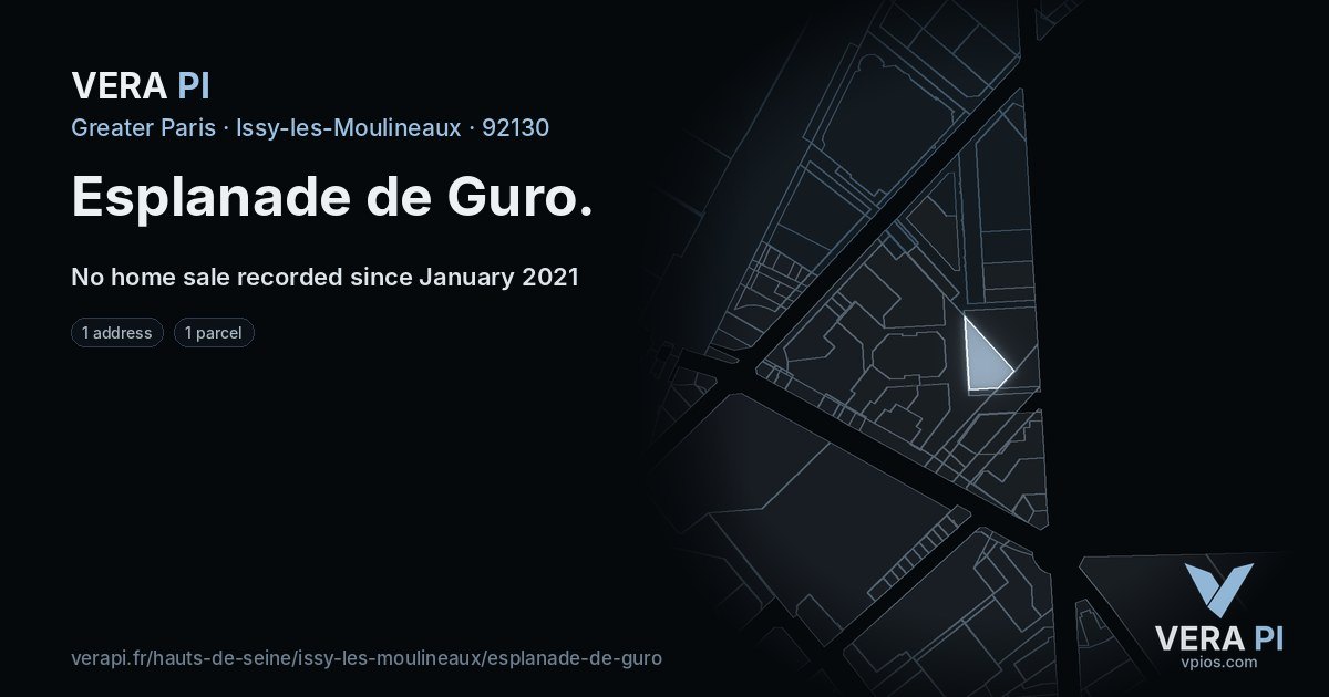 Esplanade de Guro, Issy-les-Moulineaux at night – every parcel coloured by the prices around it, the street's own parcels lit