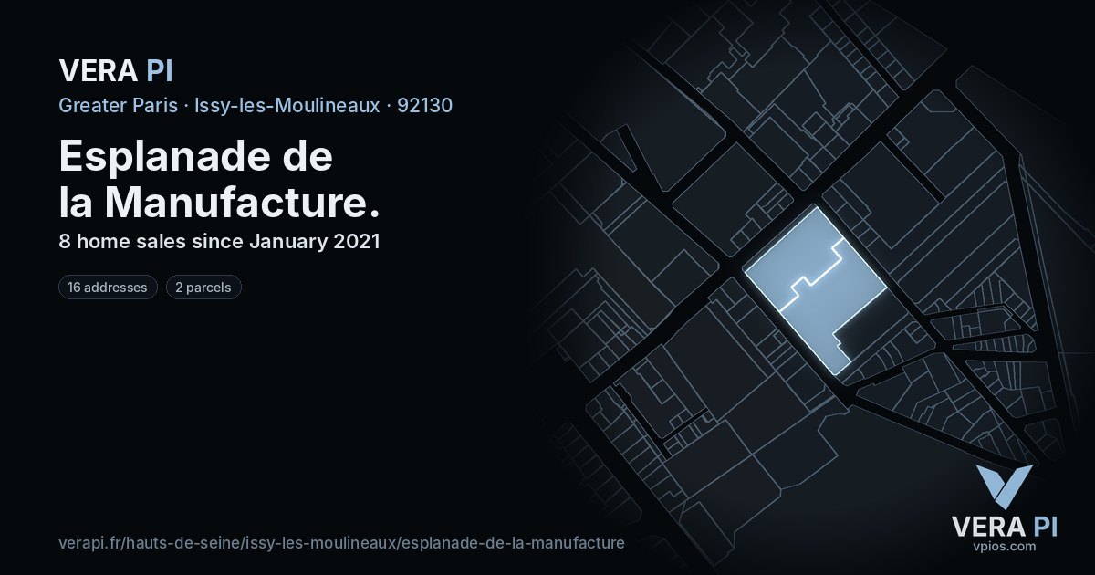Esplanade de la Manufacture, Issy-les-Moulineaux at night – every parcel coloured by the prices around it, the street's own parcels lit