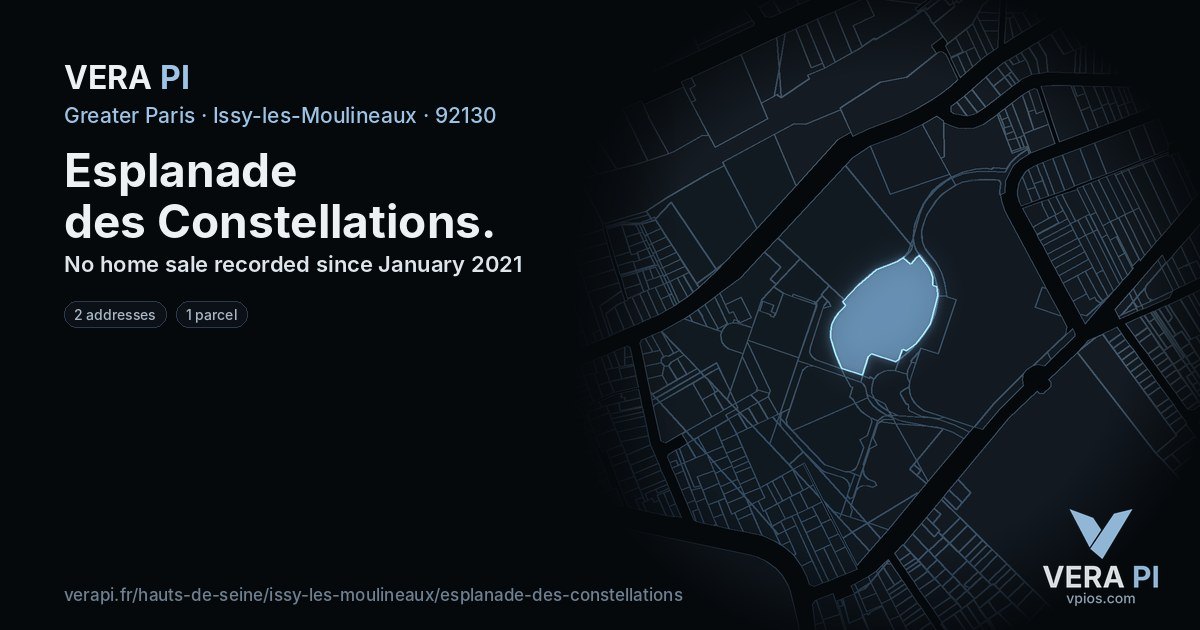 Esplanade des Constellations, Issy-les-Moulineaux at night – every parcel coloured by the prices around it, the street's own parcels lit