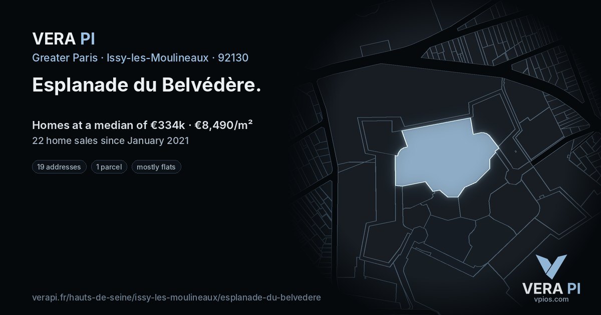 Esplanade du Belvédère, Issy-les-Moulineaux at night – every parcel coloured by the prices around it, the street's own parcels lit