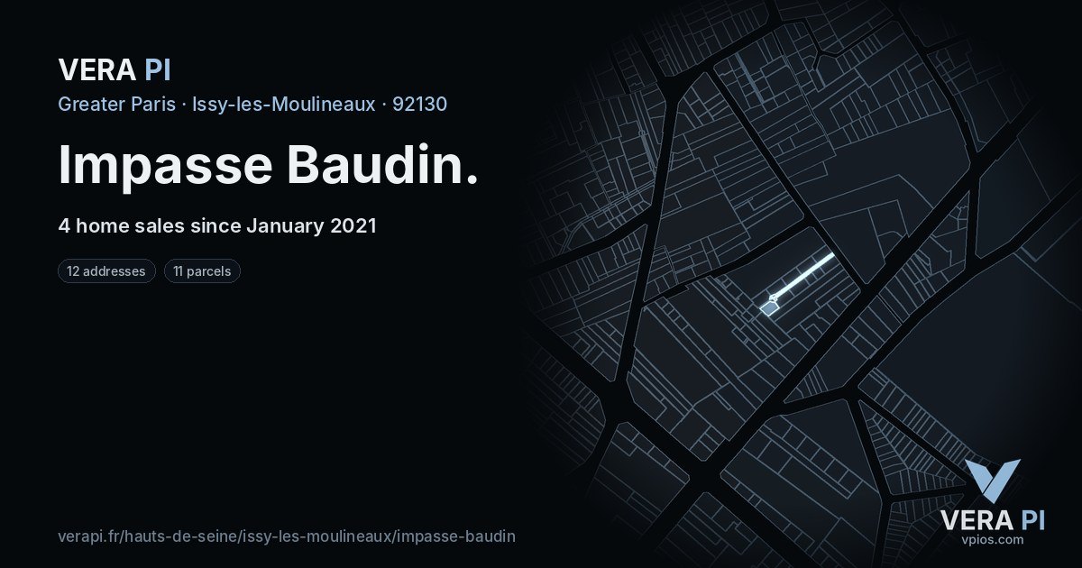 Impasse Baudin, Issy-les-Moulineaux at night – every parcel coloured by the prices around it, the street's own parcels lit