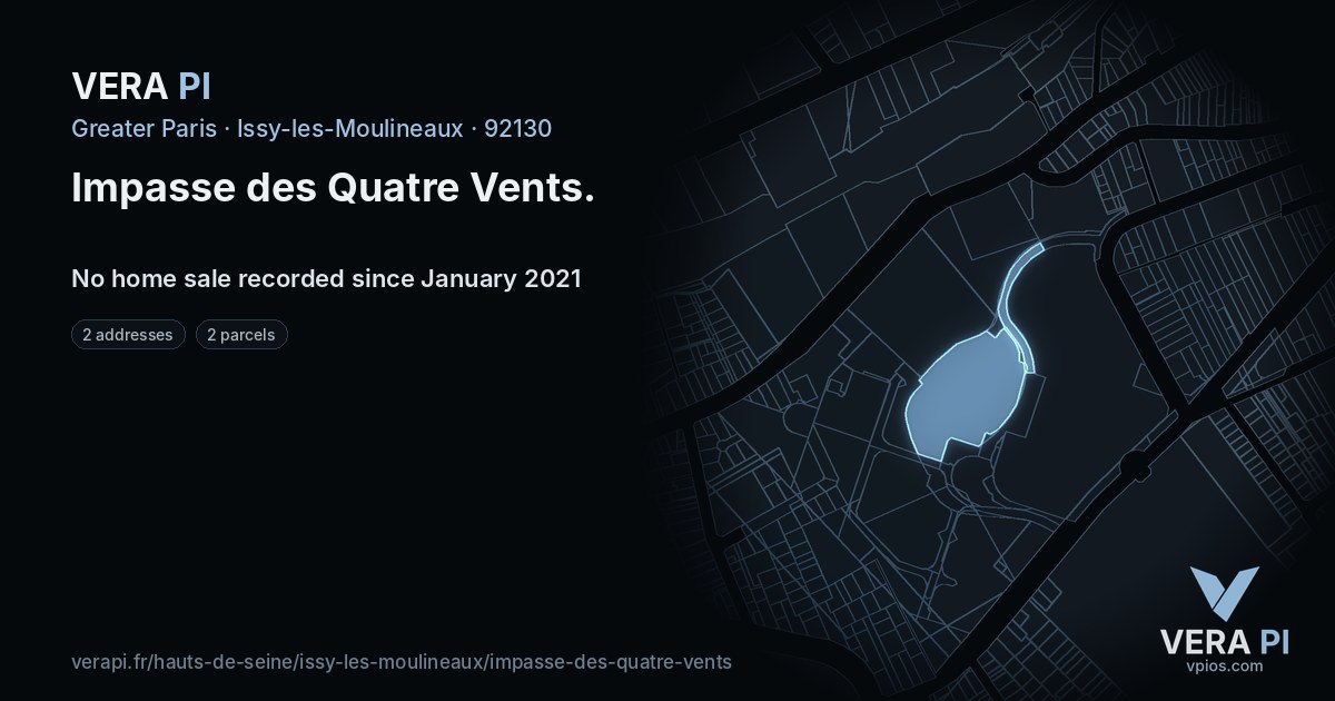 Impasse des Quatre Vents, Issy-les-Moulineaux at night – every parcel coloured by the prices around it, the street's own parcels lit