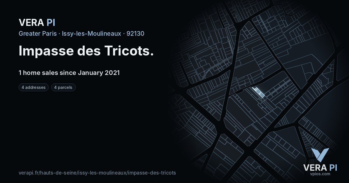 Impasse des Tricots, Issy-les-Moulineaux at night – every parcel coloured by the prices around it, the street's own parcels lit