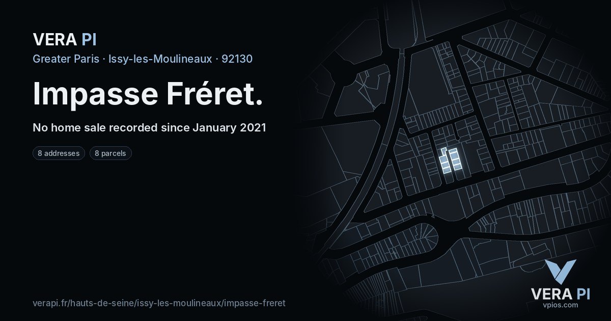 Impasse Fréret, Issy-les-Moulineaux at night – every parcel coloured by the prices around it, the street's own parcels lit