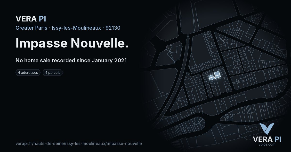 Impasse Nouvelle, Issy-les-Moulineaux at night – every parcel coloured by the prices around it, the street's own parcels lit
