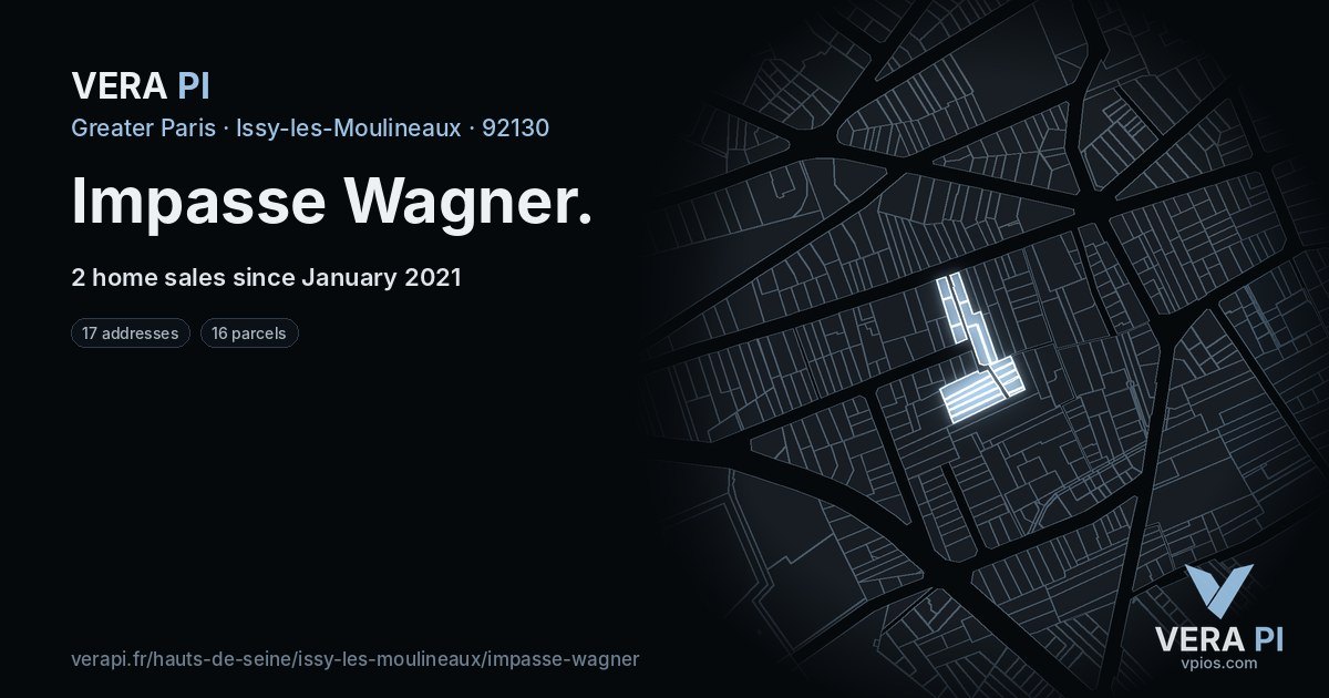 Impasse Wagner, Issy-les-Moulineaux at night – every parcel coloured by the prices around it, the street's own parcels lit