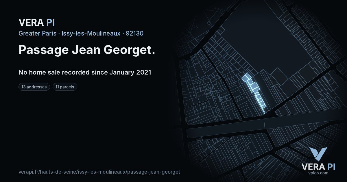 Passage Jean Georget, Issy-les-Moulineaux at night – every parcel coloured by the prices around it, the street's own parcels lit