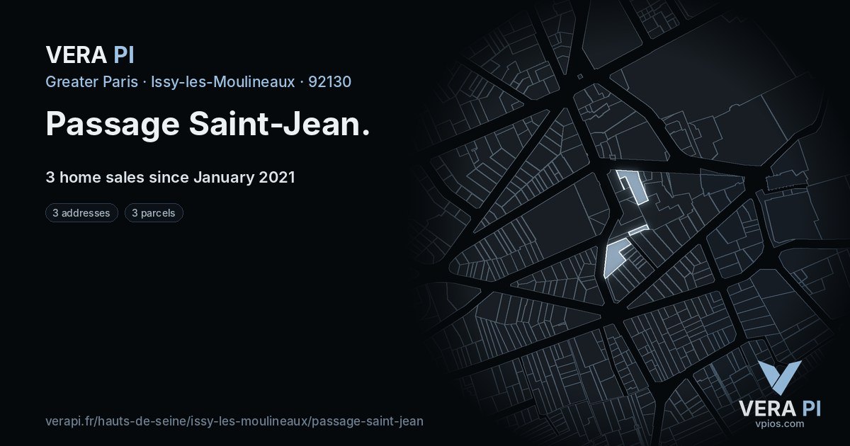 Passage Saint-Jean, Issy-les-Moulineaux at night – every parcel coloured by the prices around it, the street's own parcels lit