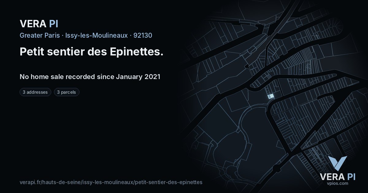 Petit sentier des Epinettes, Issy-les-Moulineaux at night – every parcel coloured by the prices around it, the street's own parcels lit