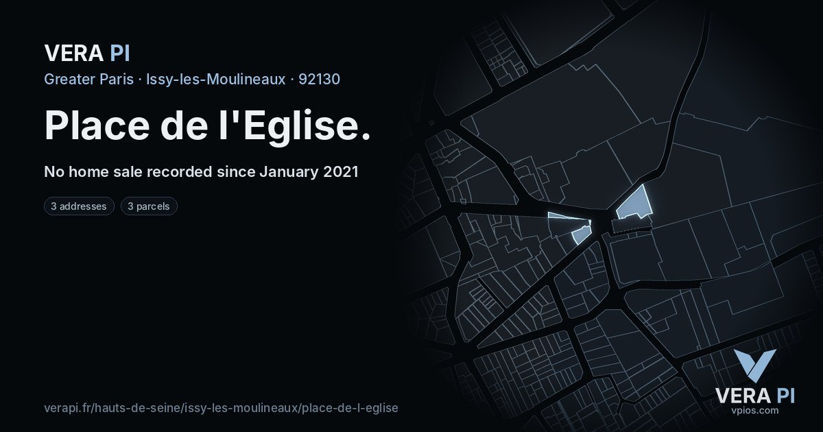 Place de l'Eglise, Issy-les-Moulineaux at night – every parcel coloured by the prices around it, the street's own parcels lit