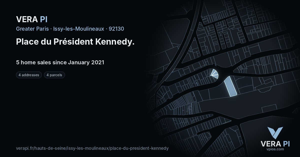 Place du Président Kennedy, Issy-les-Moulineaux at night – every parcel coloured by the prices around it, the street's own parcels lit