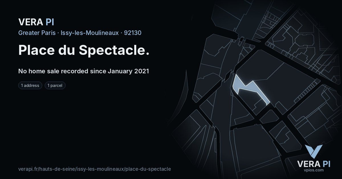 Place du Spectacle, Issy-les-Moulineaux at night – every parcel coloured by the prices around it, the street's own parcels lit