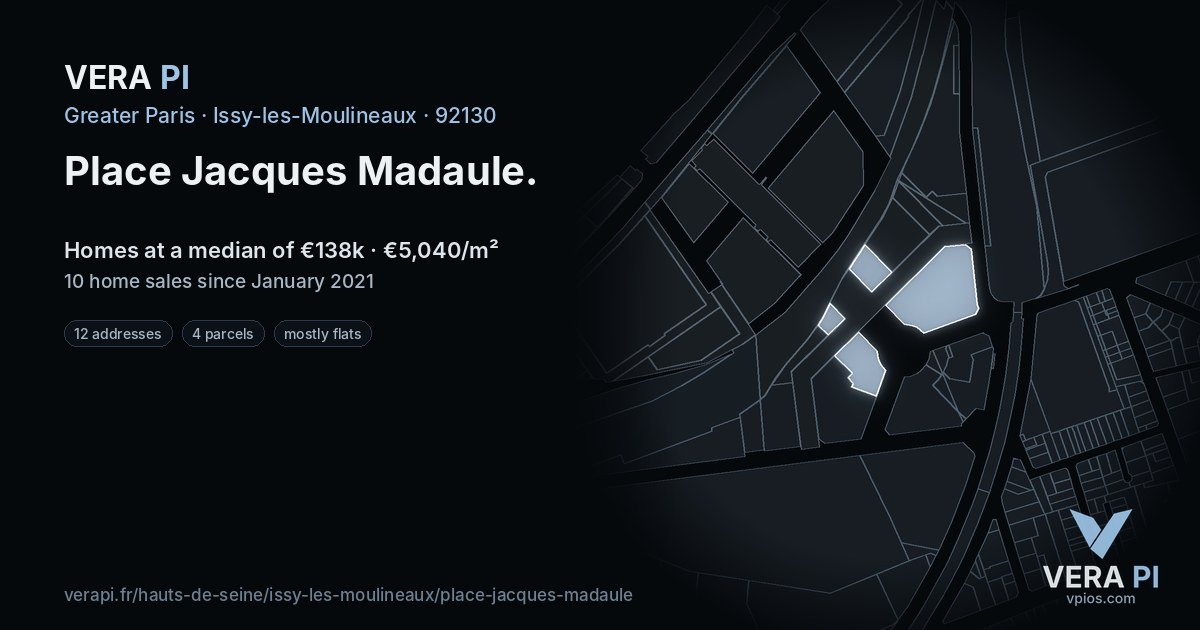 Place Jacques Madaule, Issy-les-Moulineaux at night – every parcel coloured by the prices around it, the street's own parcels lit