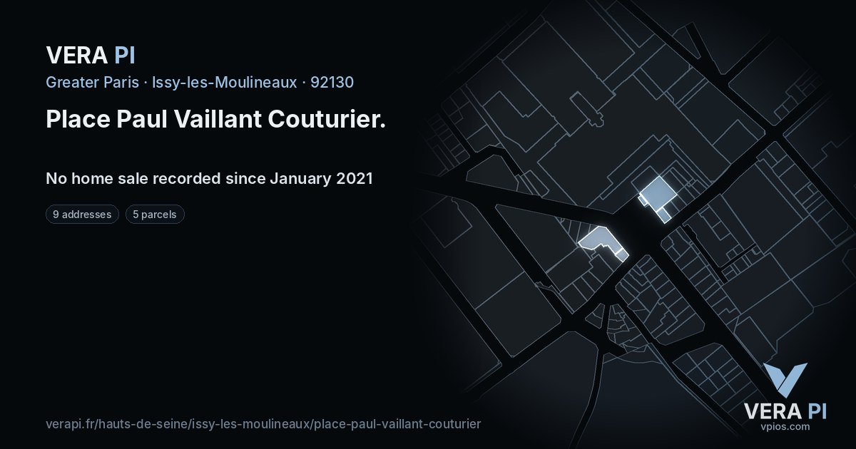 Place Paul Vaillant Couturier, Issy-les-Moulineaux at night – every parcel coloured by the prices around it, the street's own parcels lit