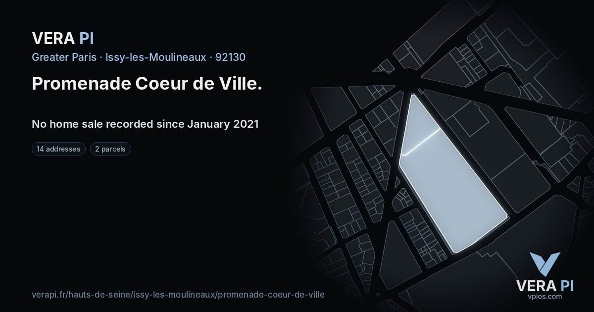 Promenade Coeur de Ville, Issy-les-Moulineaux at night – every parcel coloured by the prices around it, the street's own parcels lit