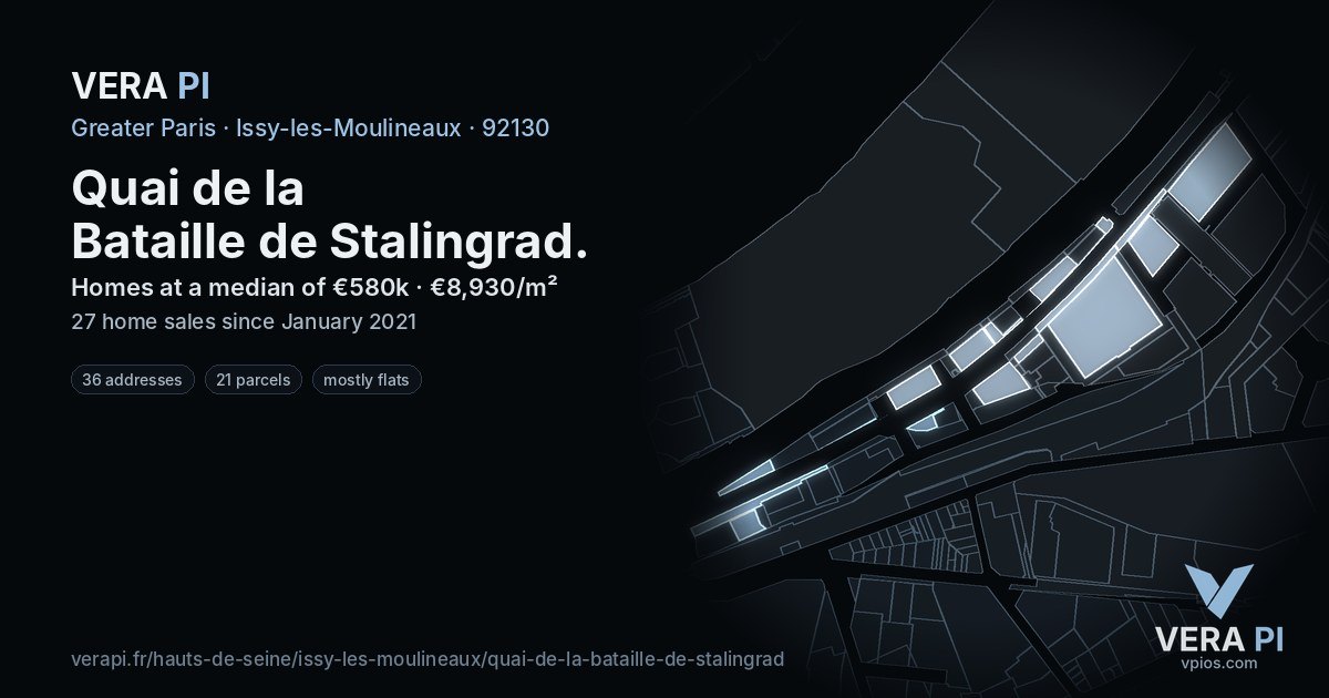 Quai de la Bataille de Stalingrad, Issy-les-Moulineaux at night – every parcel coloured by the prices around it, the street's own parcels lit