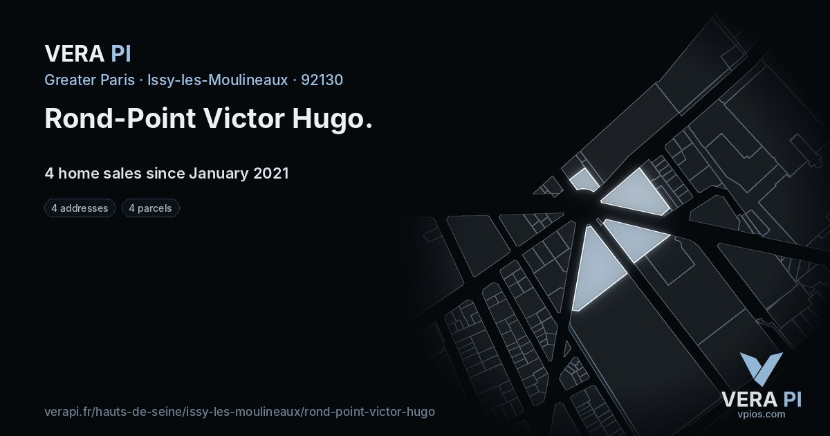 Rond-Point Victor Hugo, Issy-les-Moulineaux at night – every parcel coloured by the prices around it, the street's own parcels lit