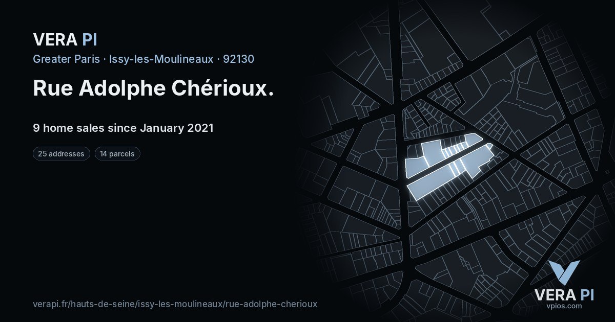 Rue Adolphe Chérioux, Issy-les-Moulineaux at night – every parcel coloured by the prices around it, the street's own parcels lit