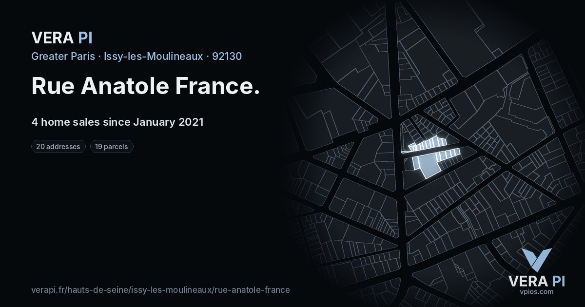 Rue Anatole France, Issy-les-Moulineaux at night – every parcel coloured by the prices around it, the street's own parcels lit