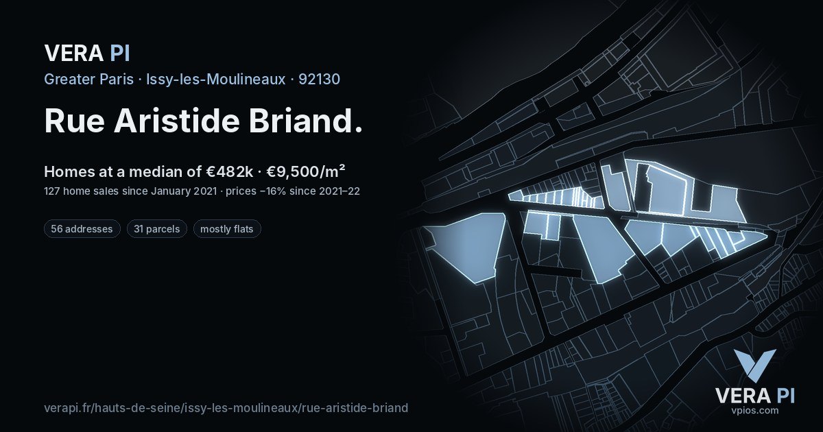 Rue Aristide Briand, Issy-les-Moulineaux at night – every parcel coloured by the prices around it, the street's own parcels lit
