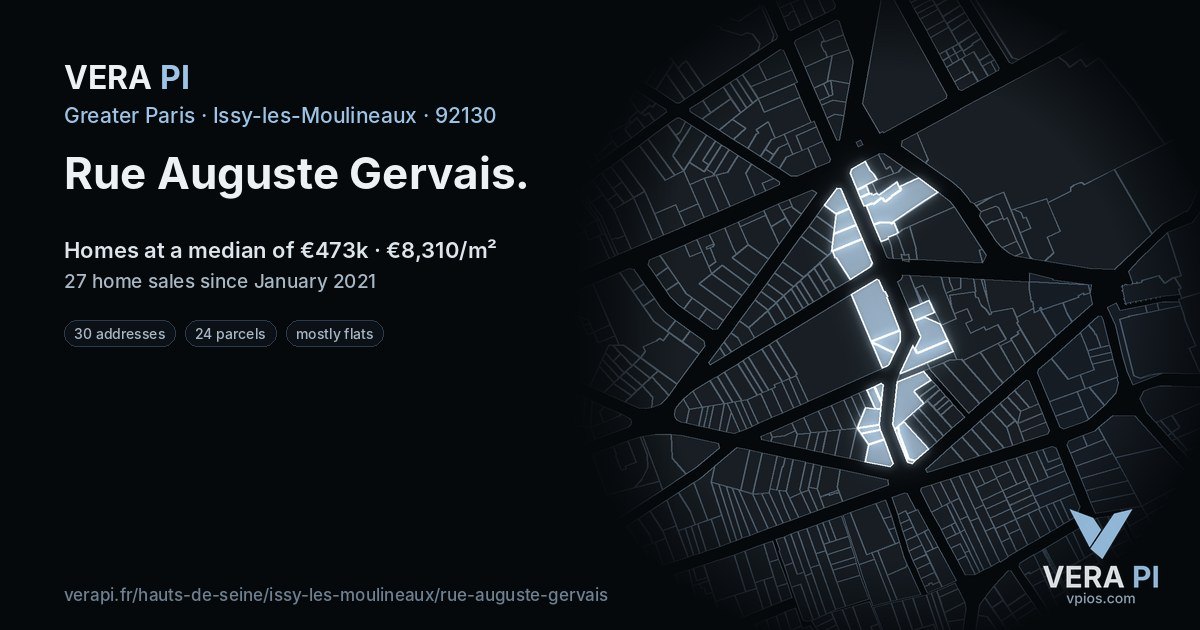 Rue Auguste Gervais, Issy-les-Moulineaux at night – every parcel coloured by the prices around it, the street's own parcels lit