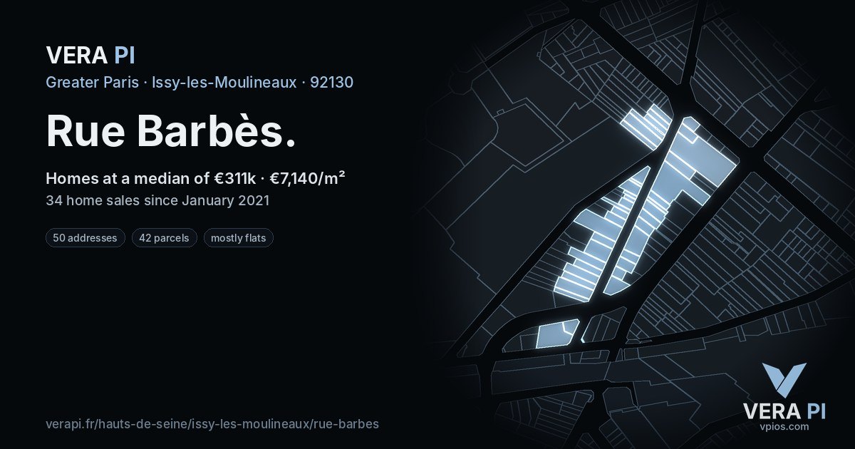 Rue Barbès, Issy-les-Moulineaux at night – every parcel coloured by the prices around it, the street's own parcels lit