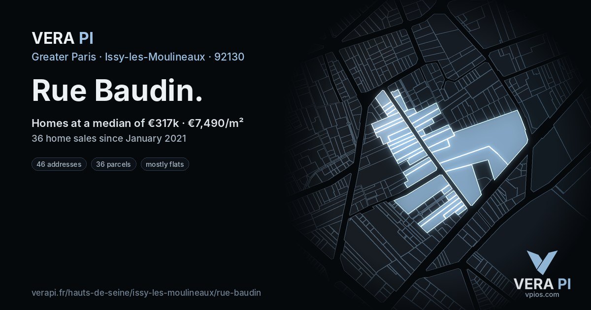 Rue Baudin, Issy-les-Moulineaux at night – every parcel coloured by the prices around it, the street's own parcels lit