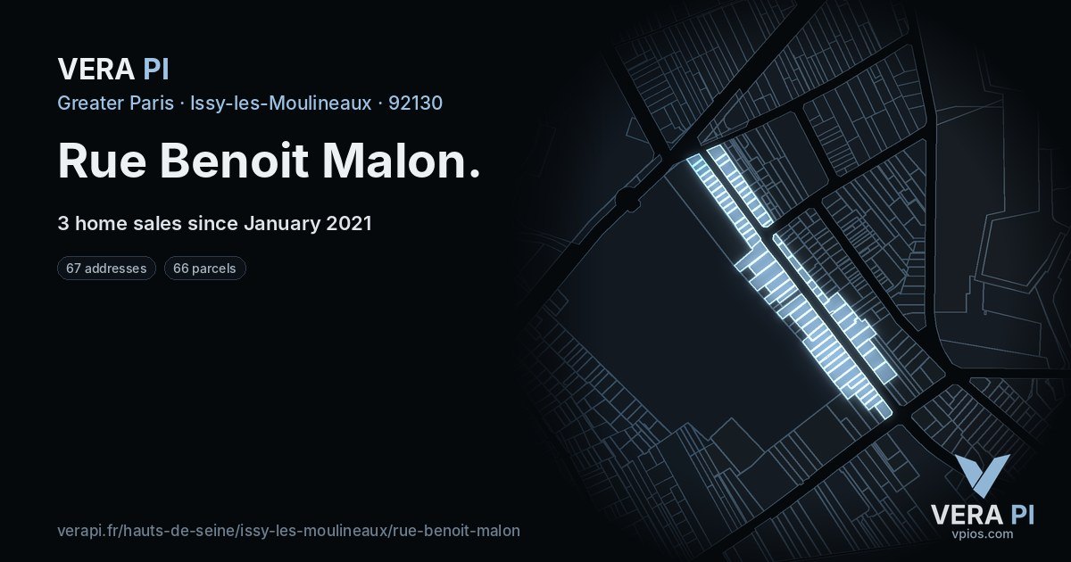 Rue Benoit Malon, Issy-les-Moulineaux at night – every parcel coloured by the prices around it, the street's own parcels lit