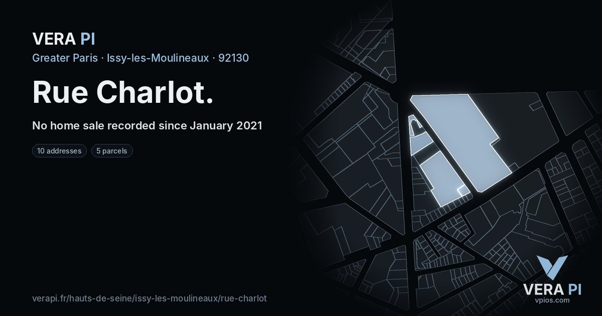 Rue Charlot, Issy-les-Moulineaux at night – every parcel coloured by the prices around it, the street's own parcels lit