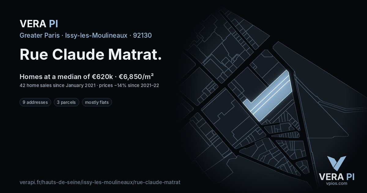 Rue Claude Matrat, Issy-les-Moulineaux at night – every parcel coloured by the prices around it, the street's own parcels lit